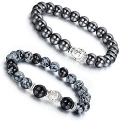 Aroncent 2 PCS Lodestone Snow Agate Beads Buddhist Bracelet Mala Religious Prayer with Buddha Head