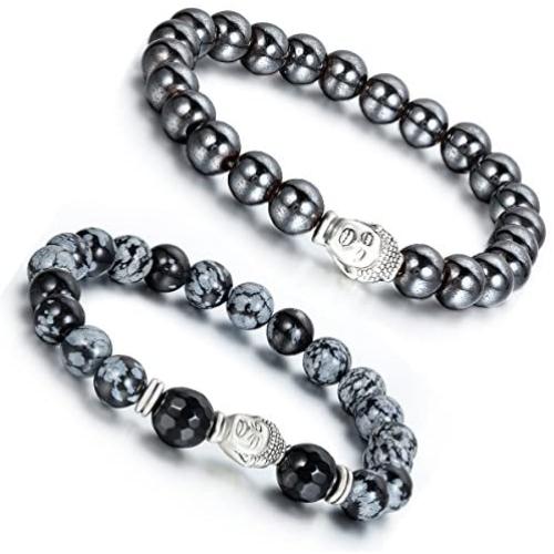 Aroncent 2 PCS Lodestone Snow Agate Beads Buddhist Bracelet Mala Religious Prayer with Buddha Head