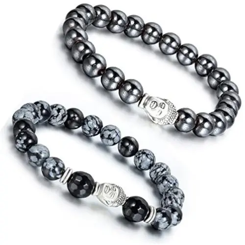 Aroncent 2 PCS Lodestone Snow Agate Beads Buddhist Bracelet Mala Religious Prayer with Buddha Head