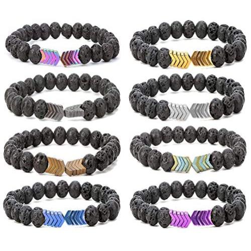 SEVENSTONE 8mm Lava Rock Bead Arrow Diffuser Natural Stone Bracelet Yoga Beads Elastic Jewelry Set for Women Men