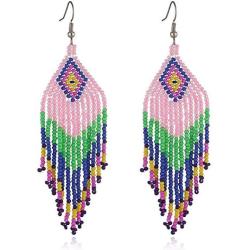 Long Beaded Fringe Earrings – Large Native American Mexican Bohemian Statement Beaded Tassel Drop Earrings Indian Tribal Boho Seed Bead Chandelier Dangle Earrings for Women Jewelry