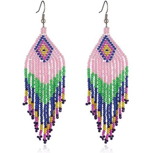Long Beaded Fringe Earrings – Large Native American Mexican Bohemian Statement Beaded Tassel Drop Earrings Indian Tribal Boho Seed Bead Chandelier Dangle Earrings for Women Jewelry