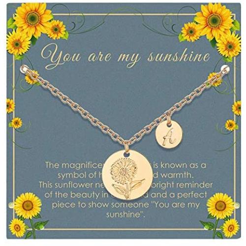 SHERLOVE 14K Gold Plated Women Initial Sunflower Pendant Necklace, You are My Sunshine Necklace with Round Disc Initial Letter