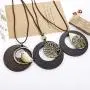 Hanpabum 3Pcs Vintage Handmade Wood Pendant With Cute Charms Long Leather Necklace Sweater Chain for Girl Women Long Necklace All-Match Style Gift