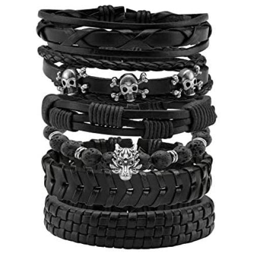 JJDreams 6-10 Pcs Leather Bracelets Set for Women Men Braided Wooden Beads Wrap Cuff Cord Adjustable