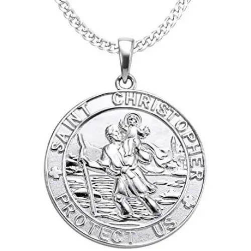 YL St Christopher Necklace Solid 925 Sterling Sliver Personalized Engraved Round Medallion Antiqued Religious Protector Talisman Pendant, Medal/Laced/Locket YL St Christopher Necklace Solid 925 Sterling Sliver Personalized Engraved Round Medallion Antiqued Religious Protector Talisman Pendant, Medal/Laced/Locket