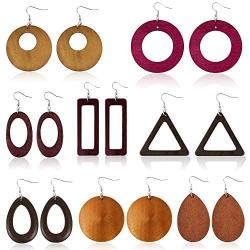 Sntieecr 8 Pairs Wood Earrings Natural Wooden Teardrop Earrings Lightweight Dangle Earrings Geometric Wood Drop Earrings for Women