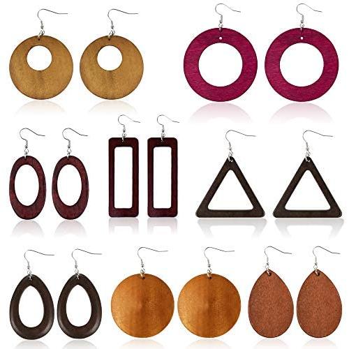 Sntieecr 8 Pairs Wood Earrings Natural Wooden Teardrop Earrings Lightweight Dangle Earrings Geometric Wood Drop Earrings for Women