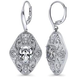 BERRICLE Rhodium Plated Sterling Silver Cubic Zirconia CZ Art Deco Filigree Milgrain Fashion Necklace and Earrings Set