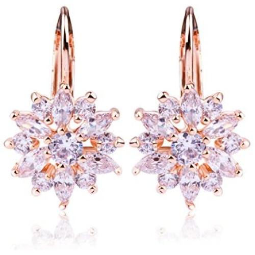 BAMOER 18K Rose Gold Plated Snowflake Leverback Earrings with Cubic Zirconia for Women CZ Jewelry Fashion Drop Earrings 3 Style