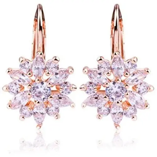 BAMOER 18K Rose Gold Plated Snowflake Leverback Earrings with Cubic Zirconia for Women CZ Jewelry Fashion Drop Earrings 3 Style