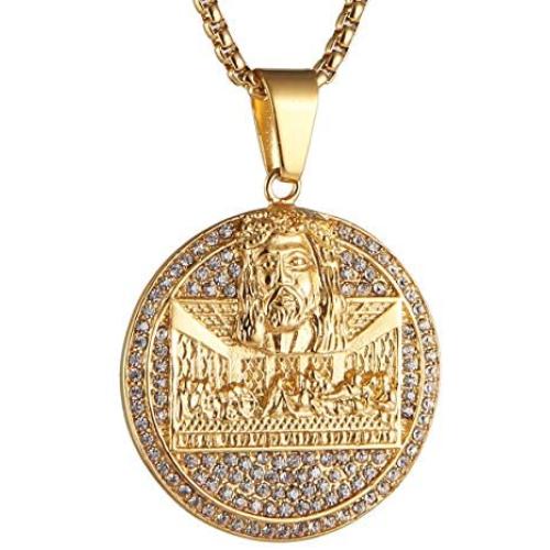 AsAlways Gold-Plated Stainless Steel Pendant Religious Jewelry Iced-Out CZ Jesus Face Pendant The Last Supper