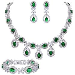 EVER FAITH Silver-Tone CZ Floral Leaves Water Drop Necklace Earrings Bracelet Set