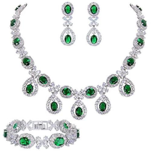 EVER FAITH Silver-Tone CZ Floral Leaves Water Drop Necklace Earrings Bracelet Set