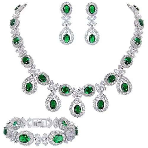 EVER FAITH Silver-Tone CZ Floral Leaves Water Drop Necklace Earrings Bracelet Set EVER FAITH Silver-Tone CZ Floral Leaves Water Drop Necklace Earrings Bracelet Set