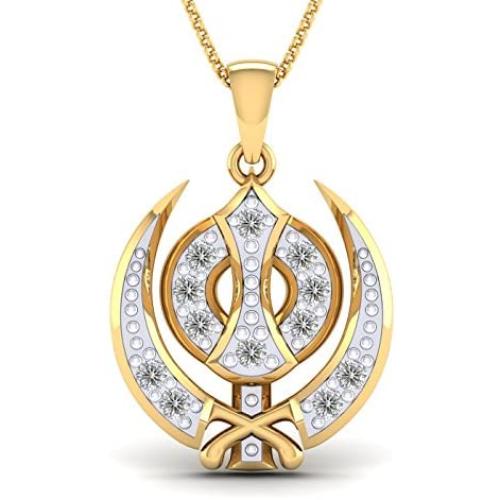 SwaraEcom 14K Yellow Gold Plated Round CZ Sikh Khanda Symbol Religious Pendant India Fashion Jewelry