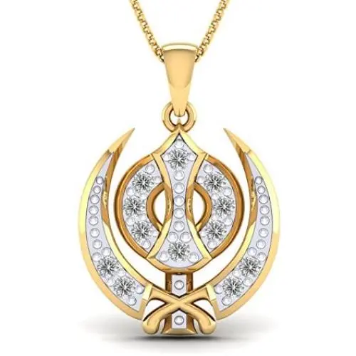 SwaraEcom 14K Yellow Gold Plated Round CZ Sikh Khanda Symbol Religious Pendant India Fashion Jewelry