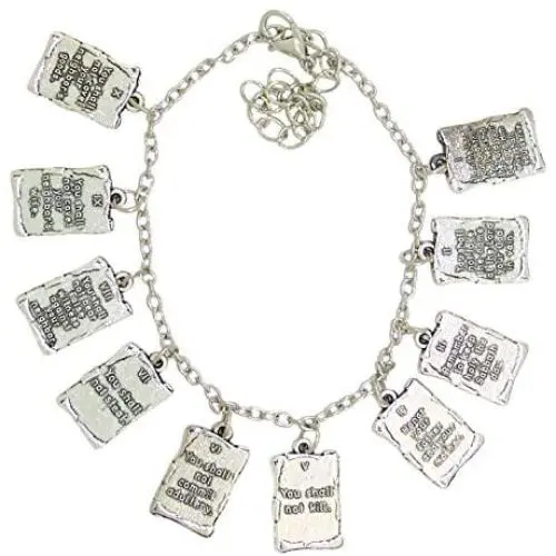 Silver Tone Ten Commandments Charm Bracelet, 7 1/2 Inch