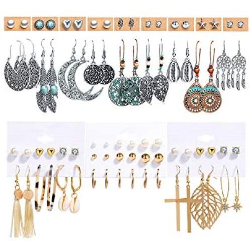 39 Pairs Vintage Tassel Stud Earrings Set for Women Girls Bohemian Statement Drop Dangle Earrings with Leaf Star Acrylic Shell Hoop Earrings for Birthday/Party/Wedding Gifts