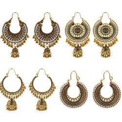 DOUVEI 4 Pairs/Set Indian Jhumka Jhumki Ethnic Dangle Earring Sets for Women Vintage Silver Gold Long Tassel Bell Drop Bollywood Earrings Boho Gypsy Jewelry