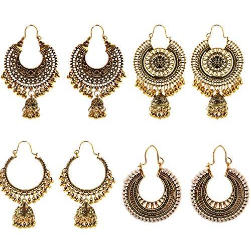 DOUVEI 4 Pairs/Set Indian Jhumka Jhumki Ethnic Dangle Earring Sets for Women Vintage Silver Gold Long Tassel Bell Drop Bollywood Earrings Boho Gypsy Jewelry