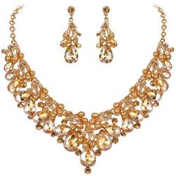 BriLove Wedding Jewelry Sets for Brides Rhinestone Simulated Pearl Teardrop Cluster Statement Necklace Dangle Earrings