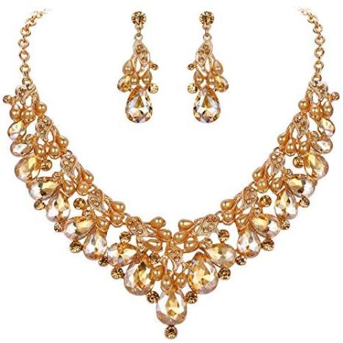 BriLove Wedding Jewelry Sets for Brides Rhinestone Simulated Pearl Teardrop Cluster Statement Necklace Dangle Earrings