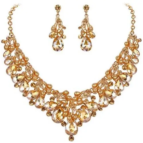 BriLove Wedding Jewelry Sets for Brides Rhinestone Simulated Pearl Teardrop Cluster Statement Necklace Dangle Earrings