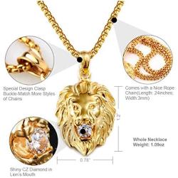 Jewelry Kingdom 1 Gold Lion Necklace Pendant for Men Women 18K Plated CZ Diamond with 24'' Stainless Steel Rope Chain (Medium Head Size)