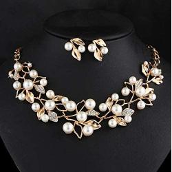 Blufly Vintage Pearl Earrings and Necklace Set Boho Gold Olive Leaf Crystal Earrings Set Rhinestone Sweater Necklaces Bib Necklace Chain Bridal Jewelry Set for Women and Girls