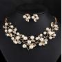 Blufly Vintage Pearl Earrings and Necklace Set Boho Gold Olive Leaf Crystal Earrings Set Rhinestone Sweater Necklaces Bib Necklace Chain Bridal Jewelry Set for Women and Girls