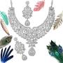 Touchstone Hollywood Glamour Pretty Filigree White Rhinestone Studded Diamond Look Designer Bridal Jewelry hasli Necklace Set for Women in Silver Tone