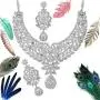 Touchstone Hollywood Glamour Pretty Filigree White Rhinestone Studded Diamond Look Designer Bridal Jewelry hasli Necklace Set for Women in Silver Tone