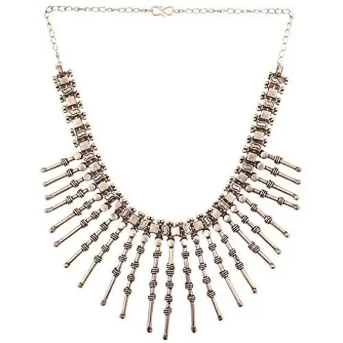 Touchstone Indian Bollywood Tribal Boho Gypsy Oxidized Jewelry Beautiful Hand Cut Motifs Designer Jewelry Necklace Set in Oxidized Silver Tone for Women.