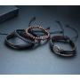 TempBeau Black Leather Bracelet Set for Men Women, Cross Charm Wide Wristband, Wood Wooden Beads, Braided Woven Ethnic Tribal 4pcs Bangle Set, Elastic Adjustable Length,Send Gift Box…