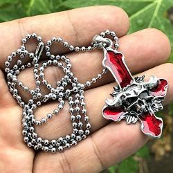 Inverted Upside down Gothic Red Cross Baphomet Lucifer Devils Face Demon Skull Satanic Heavy Metal Punk Rock Biker Jewelry Pewter Mens Pendant Necklace Charm protection Amulet with Silver ball chain