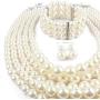 Fodattm Women Lady Multi Layer Imitation Pearl Strand Cluster with Necklace Bracelet and Earrings Set Elegant Costume Jewelry Sets