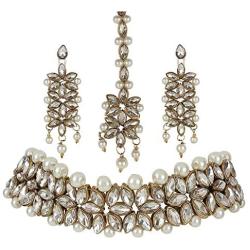 I Jewels Indian Bollywood Gold Plated Ethnic Faux Kundan Party Wear Jewelry Set with Earrings & Maang Tikka for Women (IJ164W)