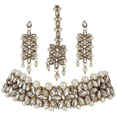 I Jewels Indian Bollywood Gold Plated Ethnic Faux Kundan Party Wear Jewelry Set with Earrings & Maang Tikka for Women (IJ164W)