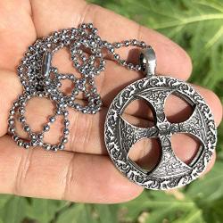 Medieval Norse Viking Jewelry Sunwheel Celtic Sun Wheel Shield Solar Cross Protection Amulet Pewter Mens Pendant Necklace Charm Wealth Travel Medallion Victory Talisman for men w Silver Ball Chain