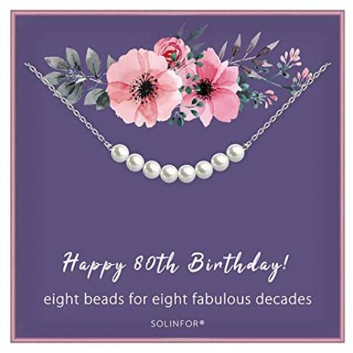 80th Birthday Gifts for Women - Sterling Silver Necklace Eight Pearls for Her 8 Decades - 80 Years Old Jewelry Gift Idea