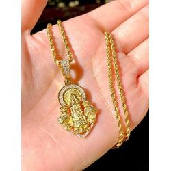 Shop-iGold Lady of Guadalupe Men Women 925 Italy Gold Finish Iced Silver Charm Ice Out Pendant Stainless Steel Real 3 mm Rope Chain, Mans Jewelry, Iced Pendant, Rope Necklace 16''- 24''