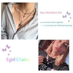 Butterfly Lock Chains Necklace Angel Layered Choker Emo Aesthetic Chunky Chains for Eboy Egirl Women Men (#1-Silver)