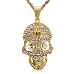 Lee Island Fashion 24K Gold Plated Simulated Diamond CZ Fully Skull Lightning Pendant Stainless Steel Necklace, 24 Inch Chain Hip Hop Halloween Jewelry For Men Boys