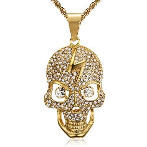 Lee Island Fashion 24K Gold Plated Simulated Diamond CZ Fully Skull Lightning Pendant Stainless Steel Necklace, 24 Inch Chain Hip Hop Halloween Jewelry For Men Boys