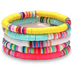 Boderier Heishi Bracelet Set Stack Rainbow Vinyl Disc Bead Surfer Stretch Bracelet Summer Beach Bracelet Jewelry