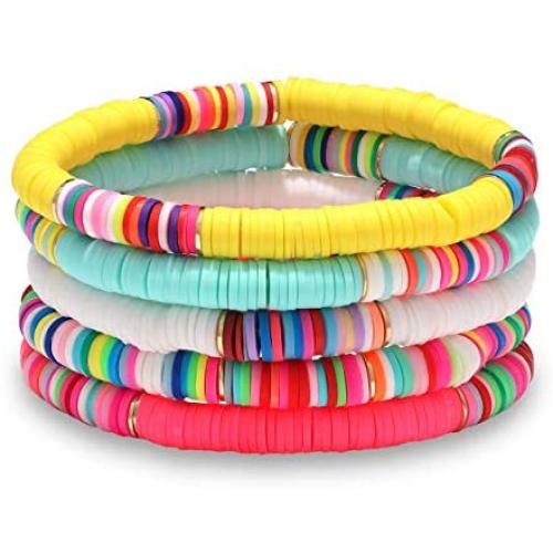 Boderier Heishi Bracelet Set Stack Rainbow Vinyl Disc Bead Surfer Stretch Bracelet Summer Beach Bracelet Jewelry