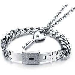 Love Lock Bracelet and Necklace key Pendant Collar Bangle His and Her Gifts for Couples(Silvery)