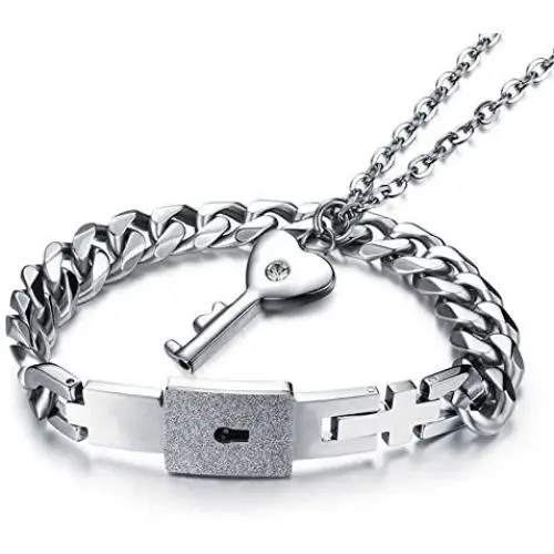 Love Lock Bracelet and Necklace key Pendant Collar Bangle His and Her Gifts for Couples(Silvery) Love Lock Bracelet and Necklace key Pendant Collar Bangle His and Her Gifts for Couples(Silvery)