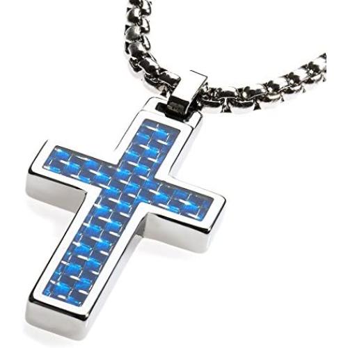 GESTALT COUTURE Unique Tungsten Cross Pendant. 4mm Wide Surgical Stainless Steel Box Chain. Blue Carbon Fiber Inlay.